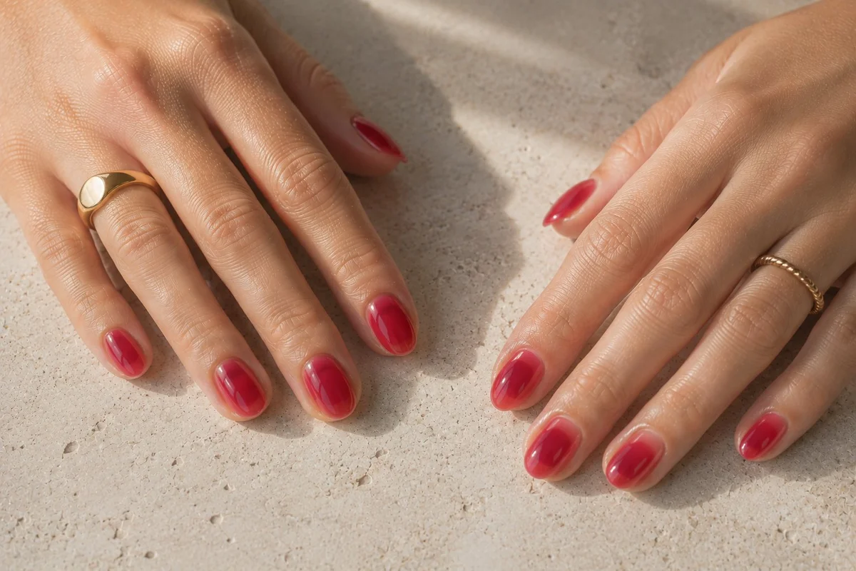 Zwei Hände mit kirschrot glänzenden Jelly Nails auf einer hellen Steinplatte