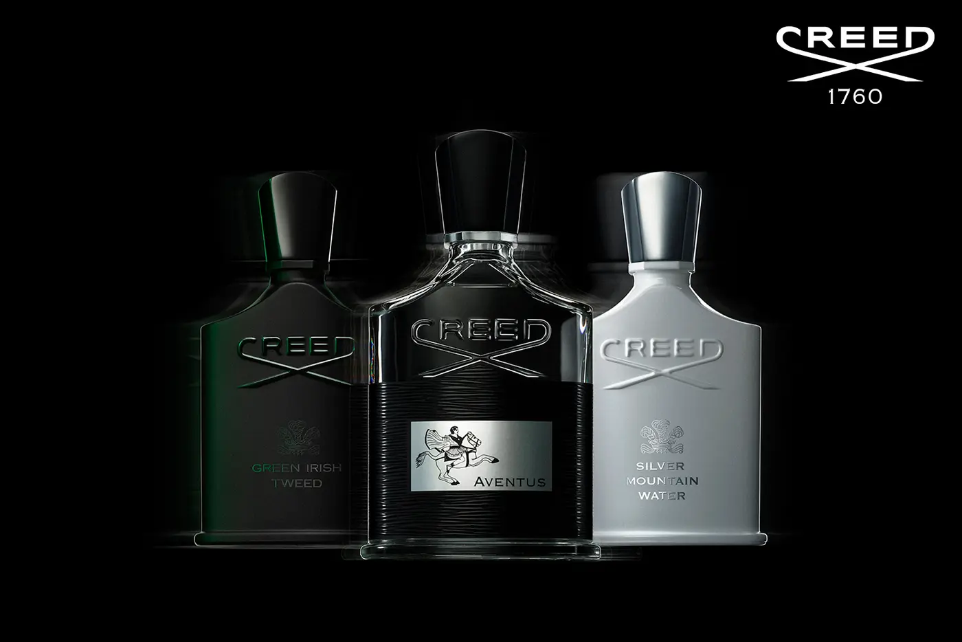 Kampagnenvisual Creed Classics mit 3 Flakons (Aventus, Green Irish Tweed und Silver Mountain Water)