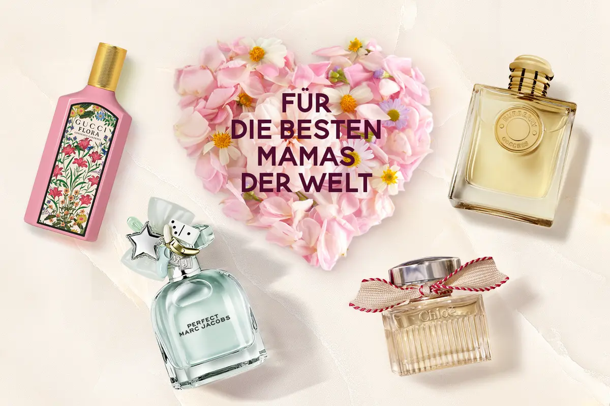 Visual mit Blütenherz und arrangierten Parfumflakons