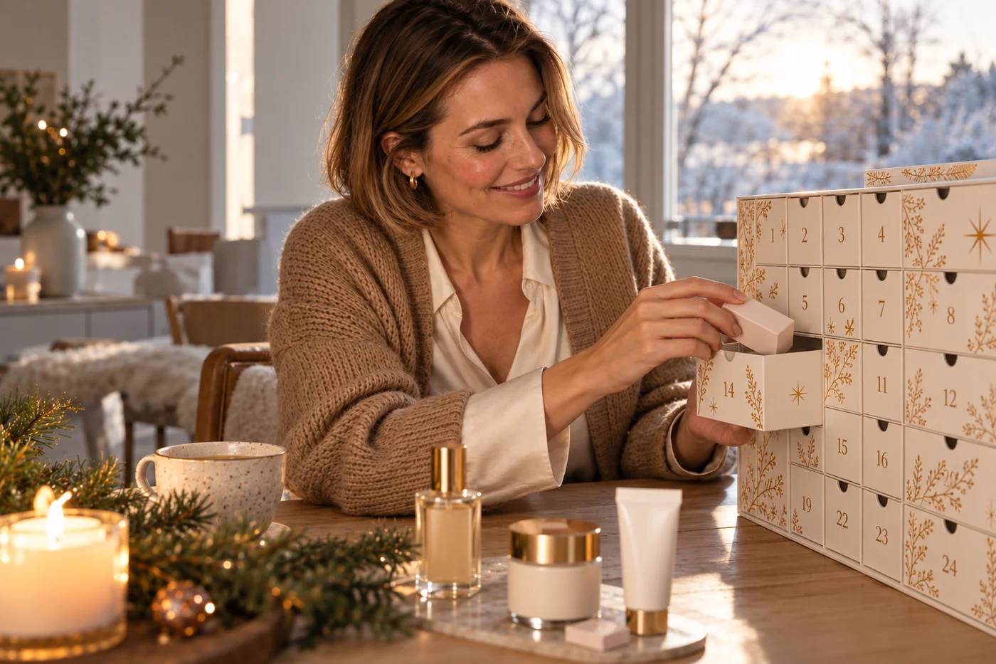 Frau im Cardigan öffnet am Morgen ein Türchen ihres Beauty-Adventskalenders