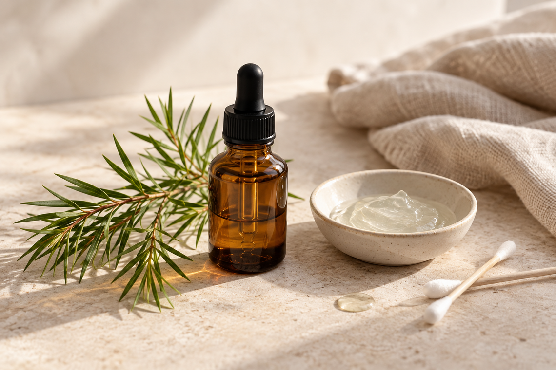 Braunes Fläschchen Teebaumöl mit Teebaumzweig, Aloe-vera-Gel und Wattestäbchen auf hellem Stein