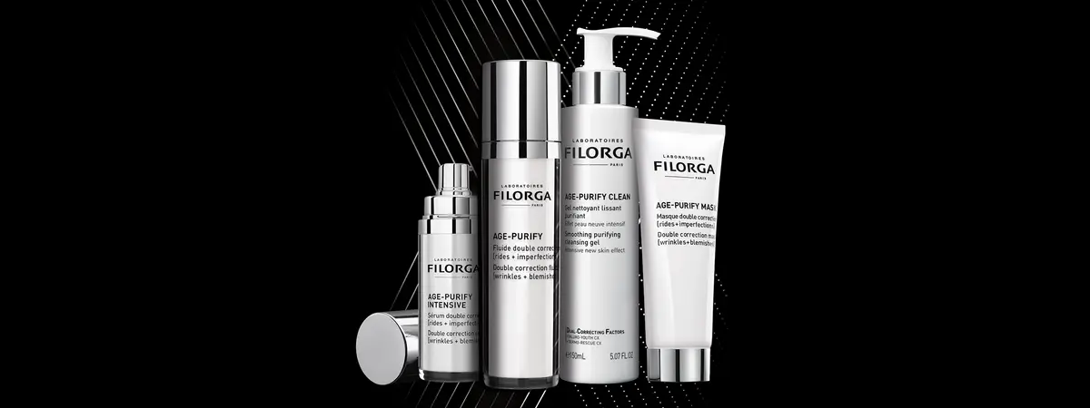 Die vier FILORGA AGE-PURIFY Produkte für eine Pflegeroutine gegen Falten & Hautunreinheiten 
