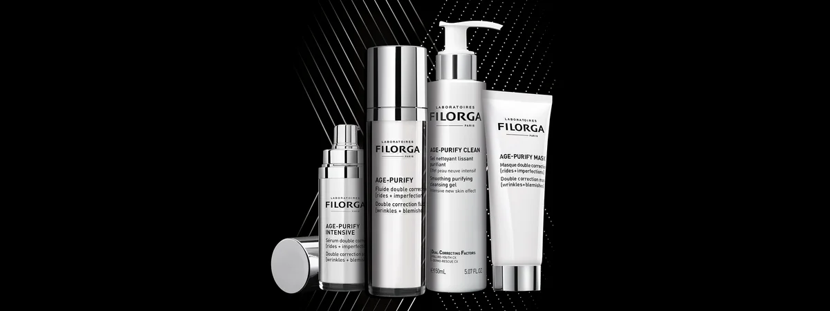 Die vier FILORGA AGE-PURIFY Produkte für eine Pflegeroutine gegen Falten & Hautunreinheiten 