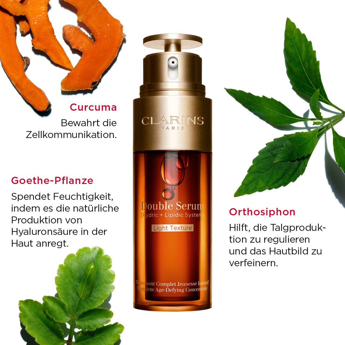 Produktabbildung des Clarins Serums Double Serum Light Texture sowie Auflistung von 3 Inhaltsstoffen