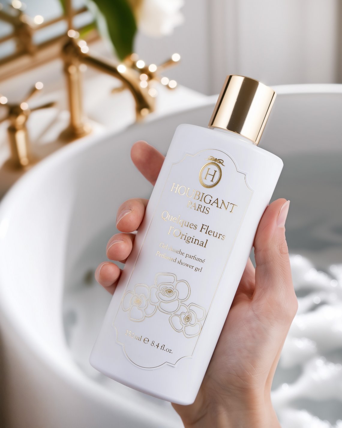 Quelques Fleurs L’Original Shower Gel Produktbild Quelques Fleurs L’Original Shower Gel mit Schaumbad im Hintergrund