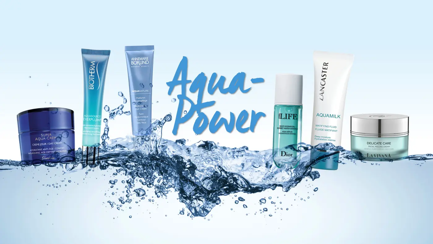 Collage von Beauty-Produkten mit Aqua im Namen