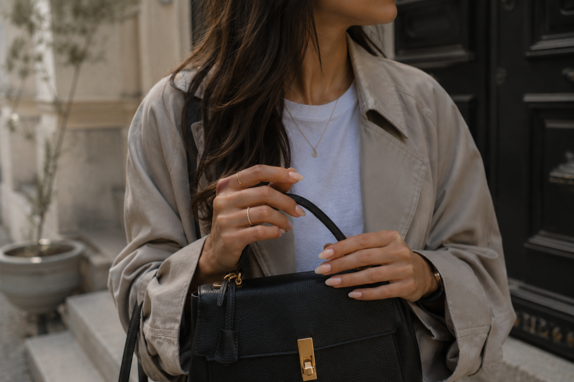 Hände mit Gelnägeln in einem hautnahen Nude-Ton an einer Handtasche, Trenchcoat und schmale Goldringe