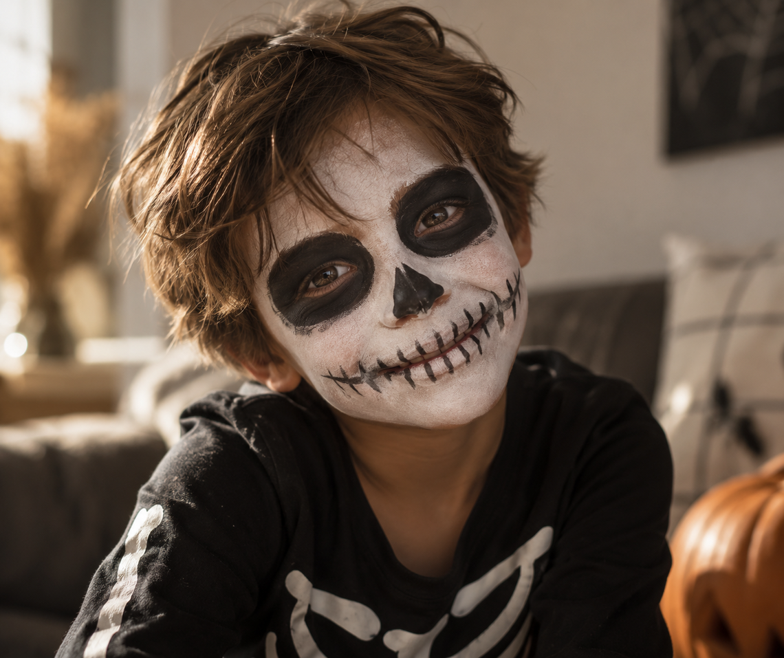 Kind mit einfachem Skelett-Make-up zu Halloween, Nahaufnahme