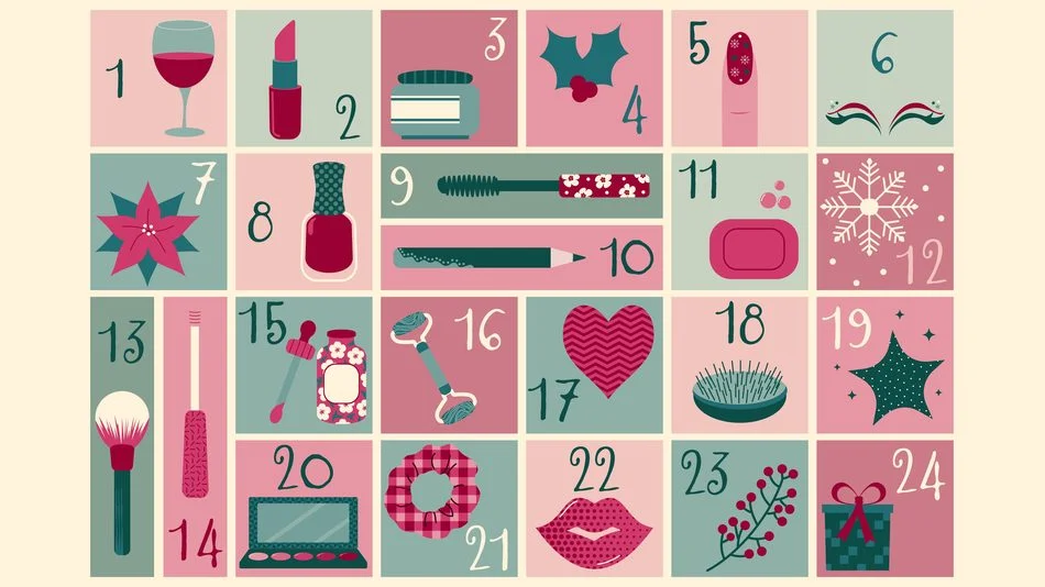 Illustrierter Beauty-Adventskalender mit 24 Türchen & Kosmetik-Motiven wie Lippenstift, Nagellack, Mascara & Gesichtsroller in Rosa & Grün