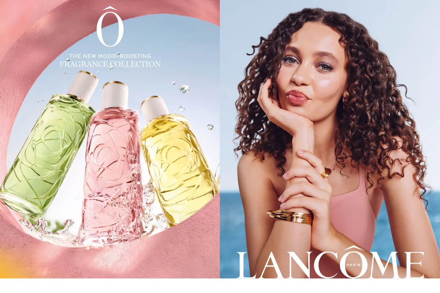 Les Ô von Lancôme, Kampagnenvisual mit Produktabbildungen der Flakons und Model