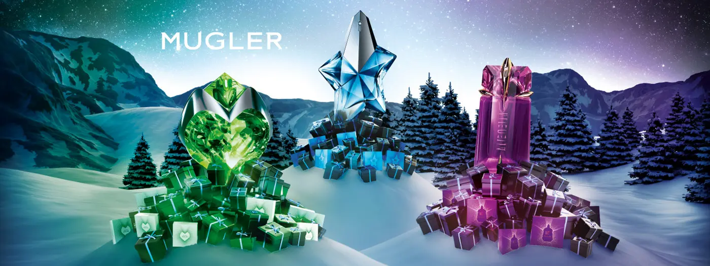 Duftklassiker von Mugler auf Schneelandschaft