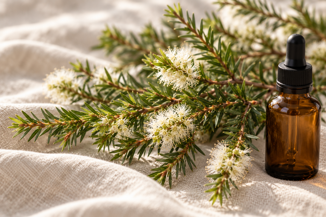 Zweige des australischen Teebaums Melaleuca alternifolia mit Fläschchen Teebaumöl
