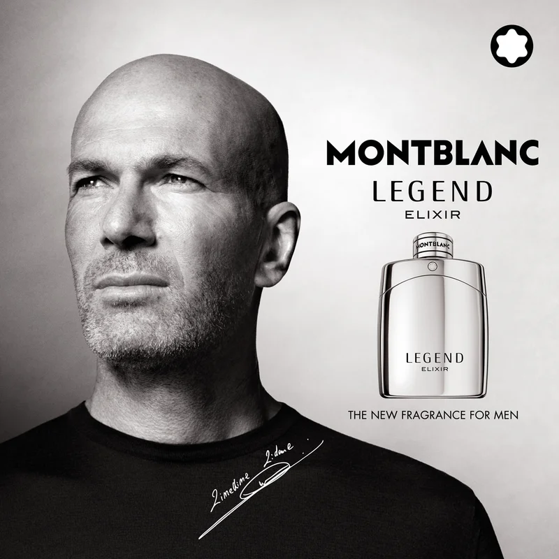 Montblanc Legend Elixir – Schwarz-Weiß-Kampagnenbild mit Markenbotschafter und silbernem Duftflakon, The New Fragrance for Men