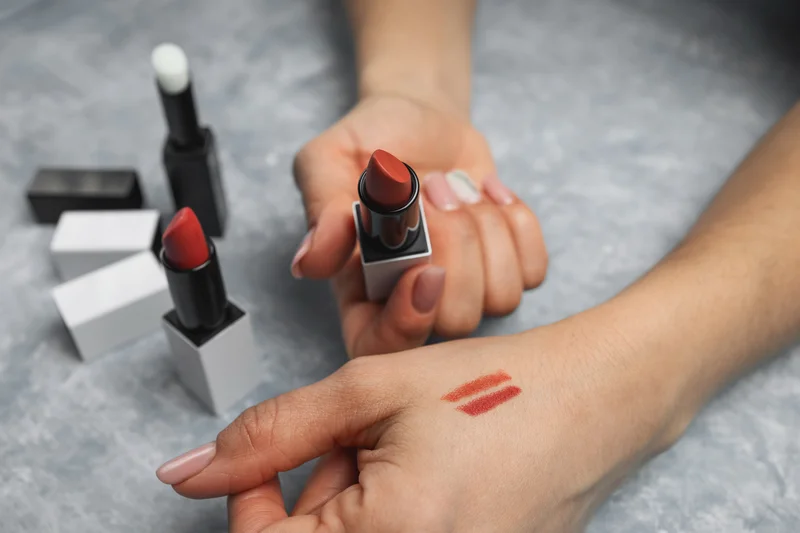 Close-up, Frau testet Lippenstiftfarben auf der Hand