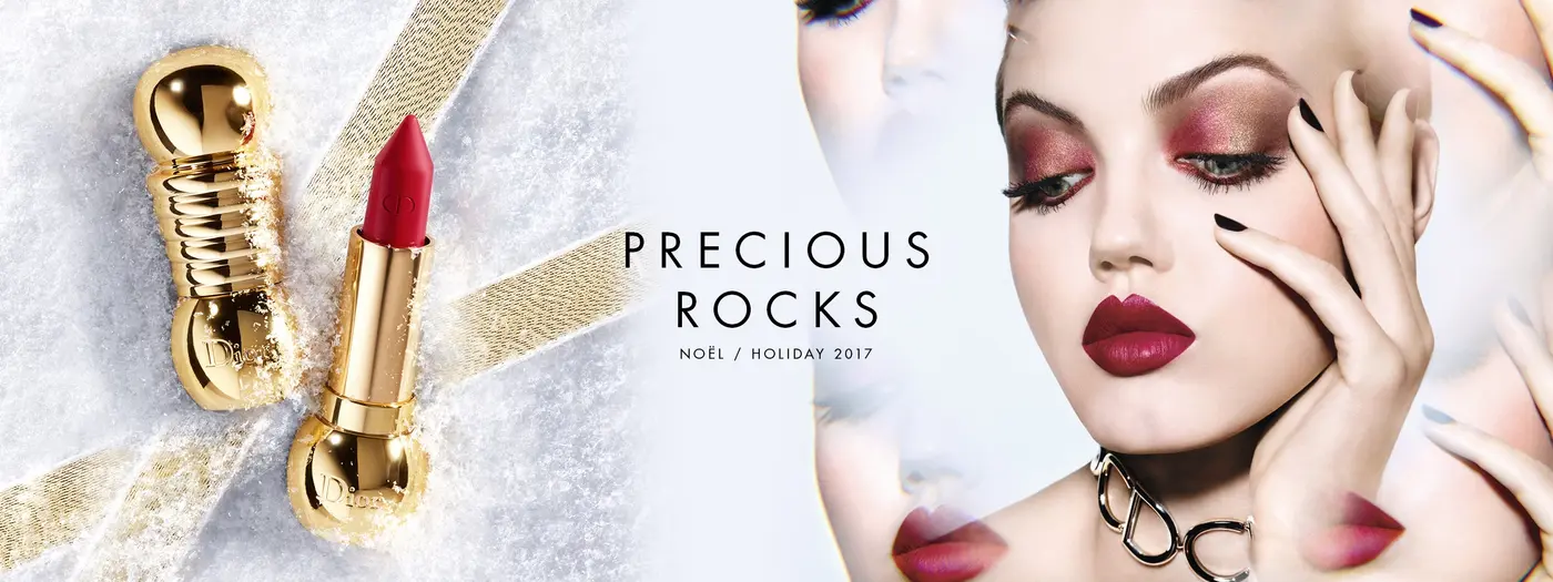 Diorfic Lippenstift und Model mit rot geschminkten Lippen und Augen
