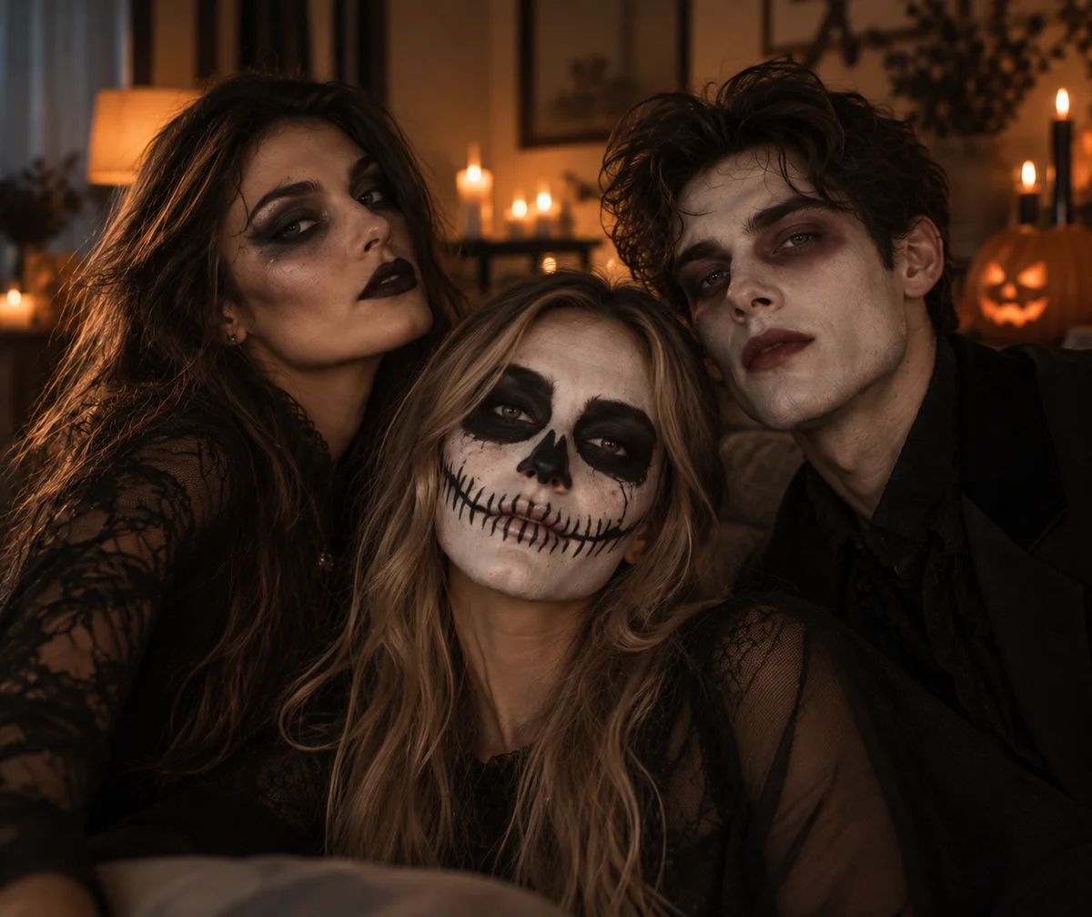 Drei Erwachsene mit Halloween Schminke als Hexe, Totenkopf und Vampir