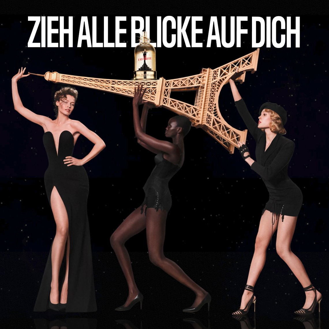 Jean Paul Gaultier La Favorite Kampagne 'Zieh alle Blicke auf dich' – drei Frauen in schwarzen Outfits stemmen gemeinsam einen goldenen Eiffelturm mit dem Parfümflakon