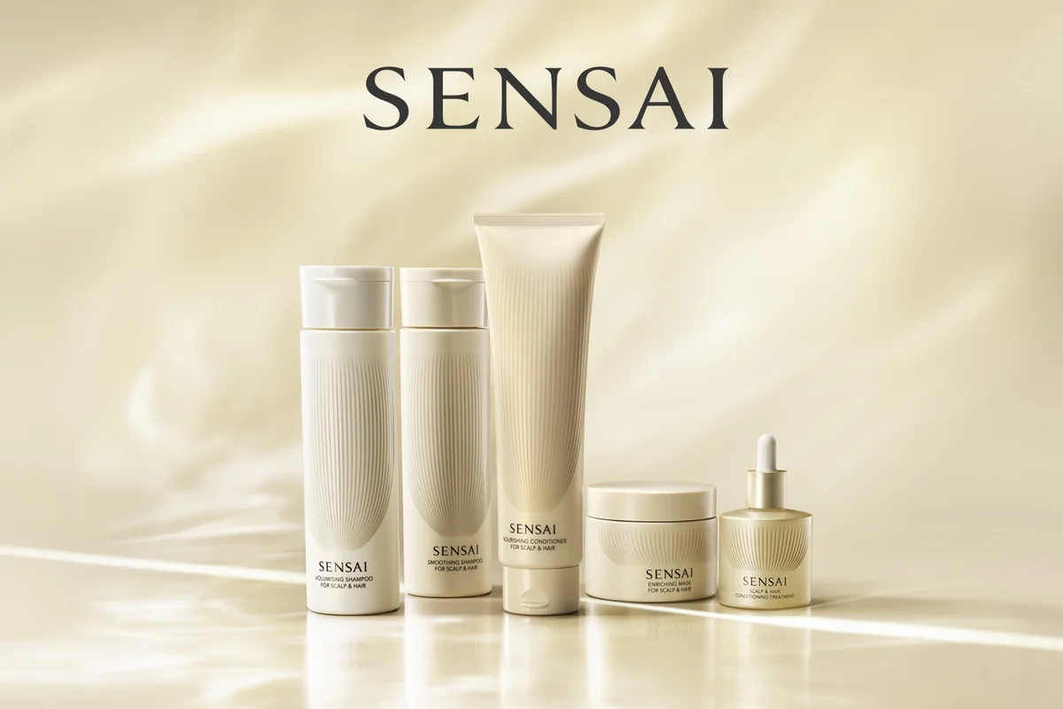 SENSAI Hair Care Serie mit Volumising und Smoothing Shampoo, Nourishing Conditioner, Enriching Mask und Scalp & Hair Conditioning Treatment