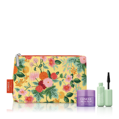 Clinique Geschenkset: Kosmetiktasche im Blumendesign (Clinique x Rifle Paper Co.) mit Take the Day Off Cleansing Balm und High Impact High-Fi Mascara