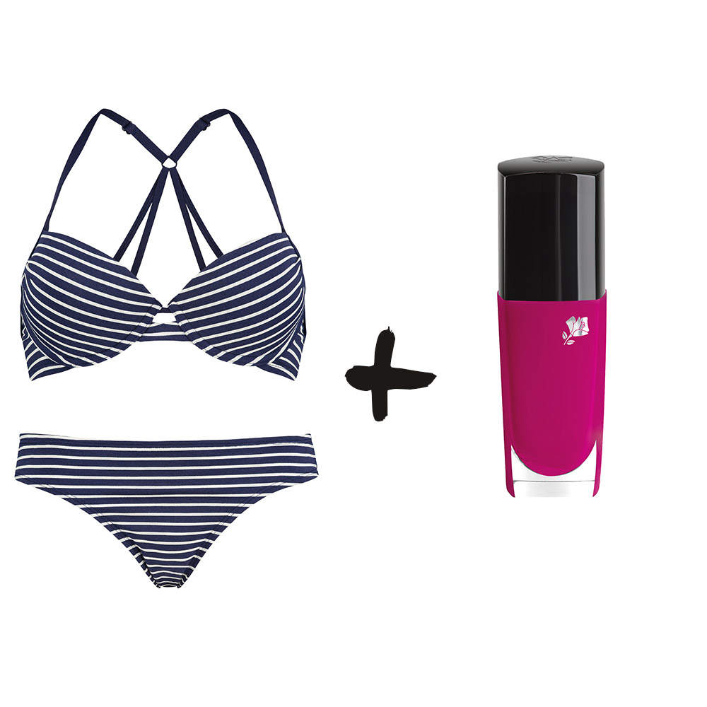 Streifen-Bikini von Hunkemöller und Nagellack „Vernis in Love, Rose Boudoir“ von Lancôme 