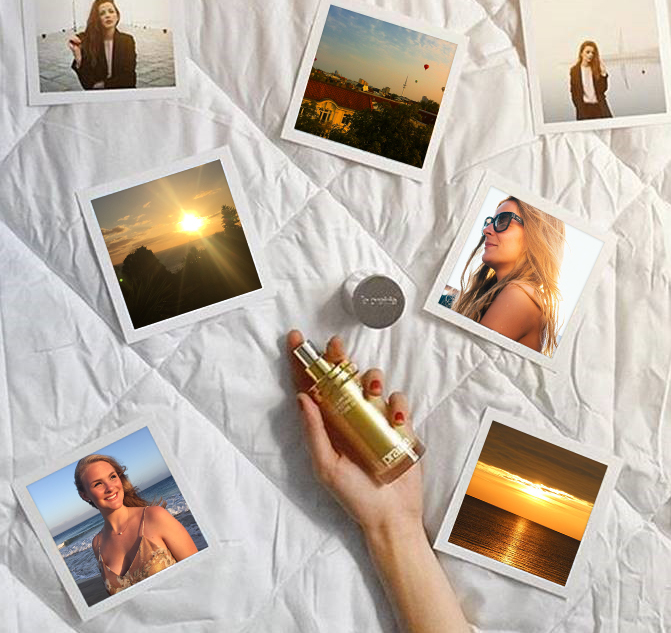 Hand, die La Prairie Pflege hält, drum herum Polaroidbilder