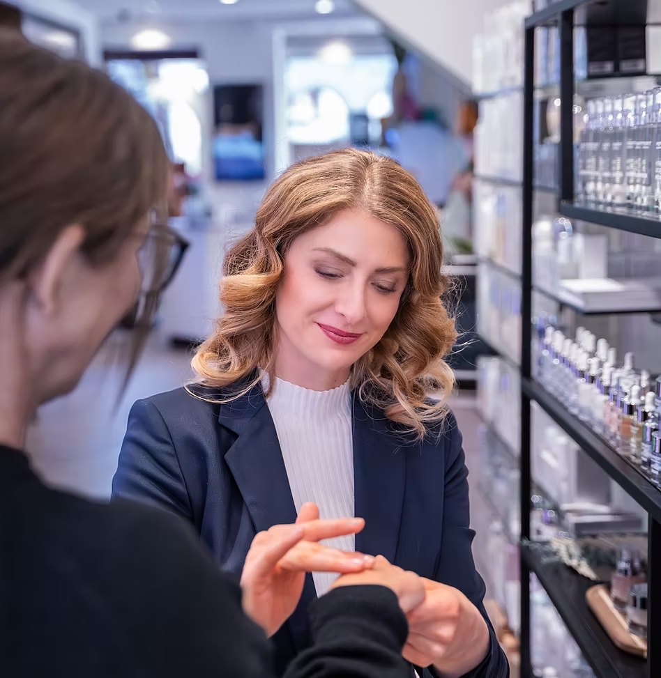 Sabrina Ruppert Bassauer testet Creme auf Handrücken einer Kundin